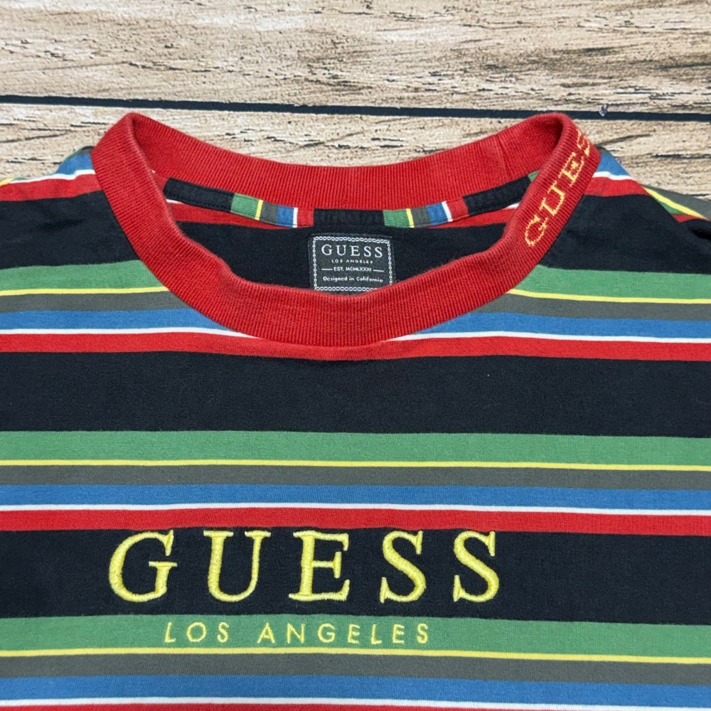 Guess T-Shirt Men Medium Multi-Color Striped Embroidered Logo Streetwear M91P93R